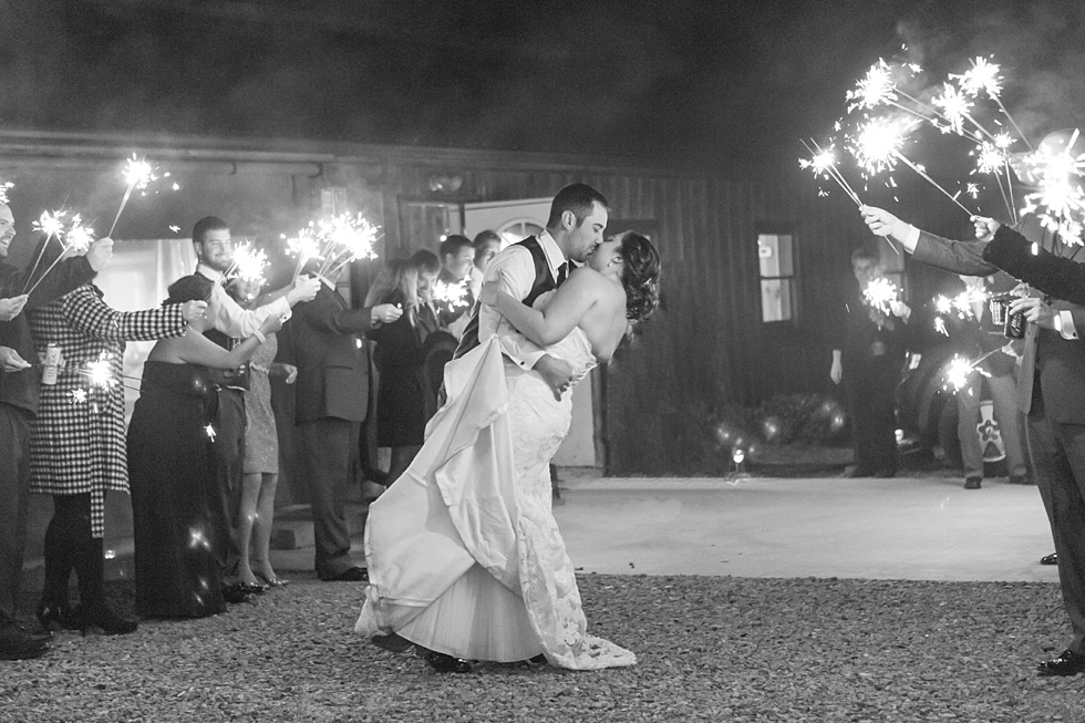 Fall wedding sparkler and firework exit at The Barn at Woodlake Meadow, NC by Traci Huffman Photography