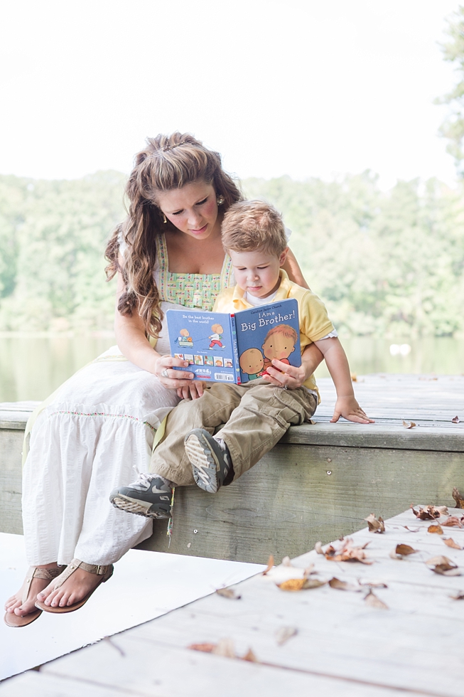 Raleigh, NC maternity photos taken by Traci Huffman Photography at Yates Mill in moms wedding dress