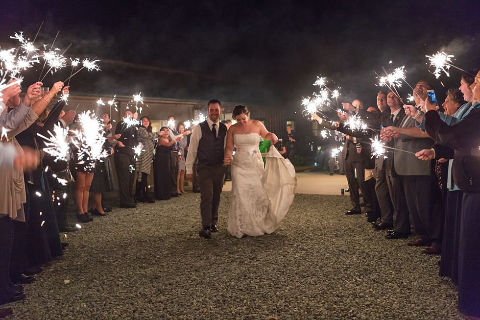 Fall wedding reception exit at The Barn at Woodlake Meadow, NC by Traci Huffman Photography_0001