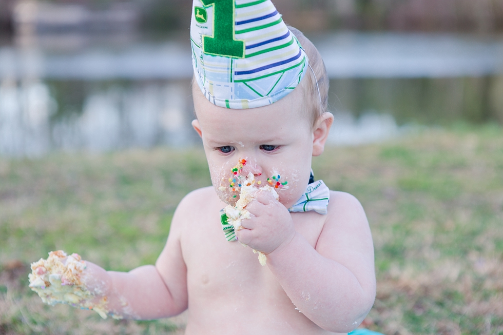 one year old birthday boy at Seagroves farm park in Apex, NC by Traci Huffman Photography
