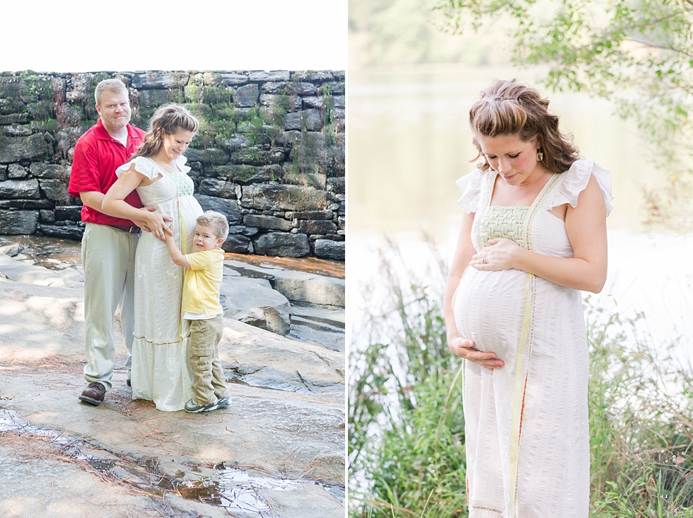 Raleigh, NC maternity photos taken by Traci Huffman Photography at Yates Mill in moms wedding dress