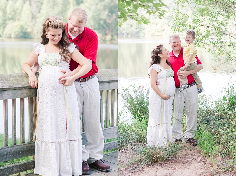 Raleigh, NC maternity photos taken by Traci Huffman Photography at Yates Mill in moms wedding dress