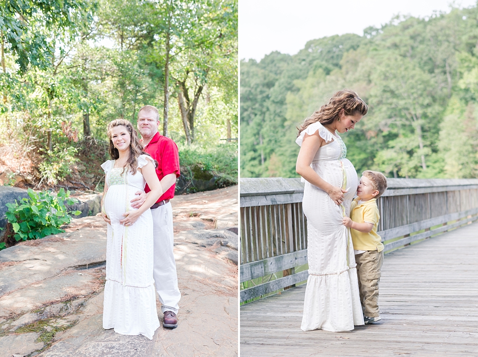 Raleigh, NC maternity photos taken by Traci Huffman Photography at Yates Mill in moms wedding dress