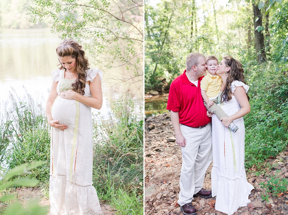 Raleigh, NC maternity photos taken by Traci Huffman Photography at Yates Mill in moms wedding dress
