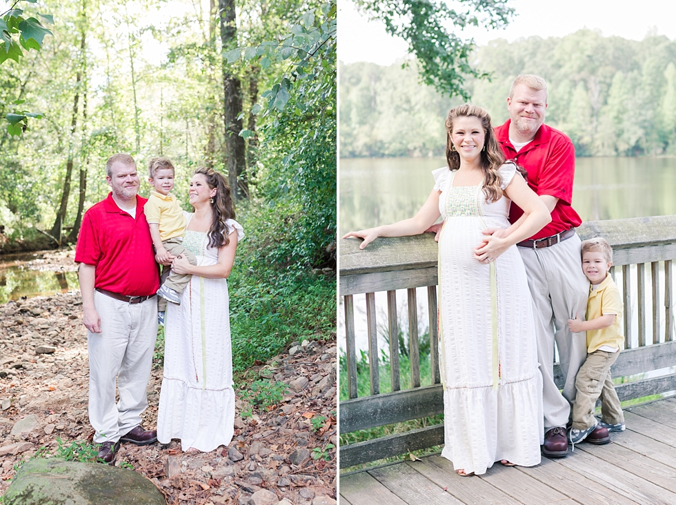 Raleigh, NC maternity photos taken by Traci Huffman Photography at Yates Mill in moms wedding dress