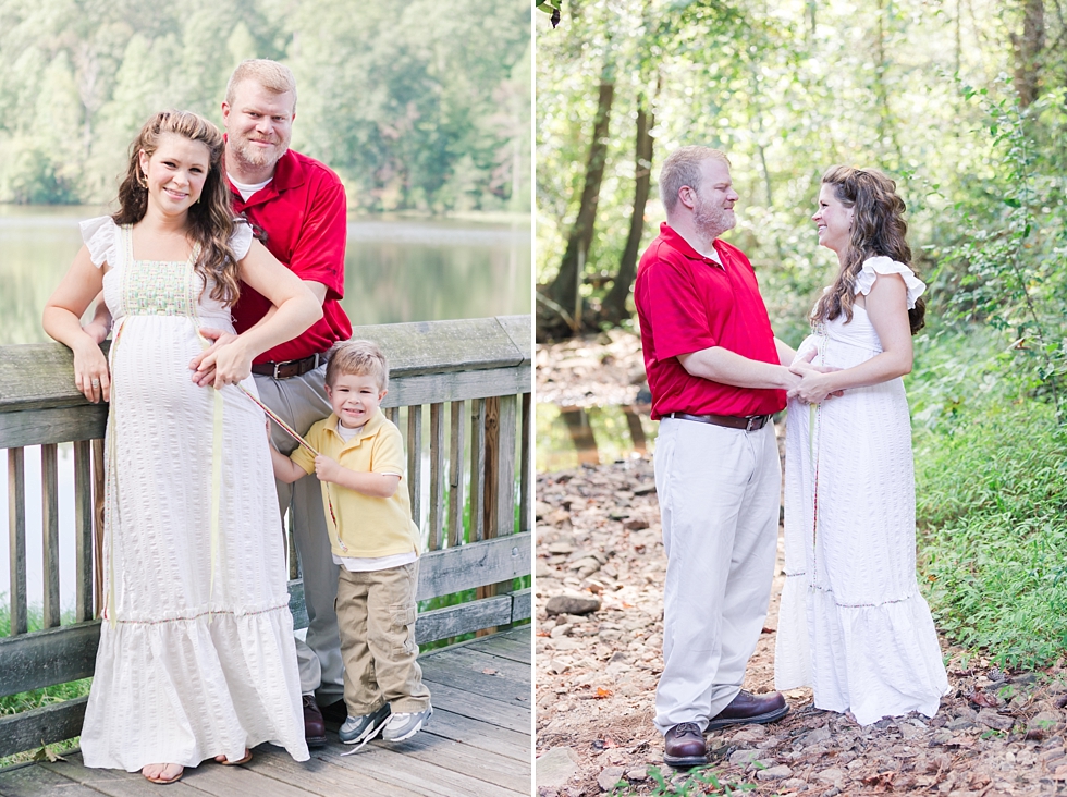 Raleigh, NC maternity photos taken by Traci Huffman Photography at Yates Mill in moms wedding dress